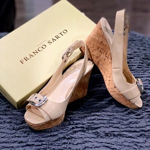 FRANCO SARTO Carnival Barley Sling Back Cork Platform Wedge Beige Patent Sandals